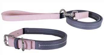 Baby Pink/Grey Leather Collar 10-14&quot;