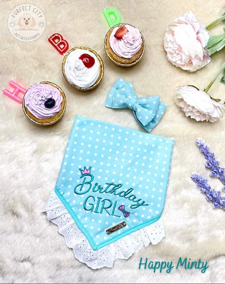 Furfect City - Bandana with Hair Bow- Birthday Girl (Lace Trim,Mint Color)