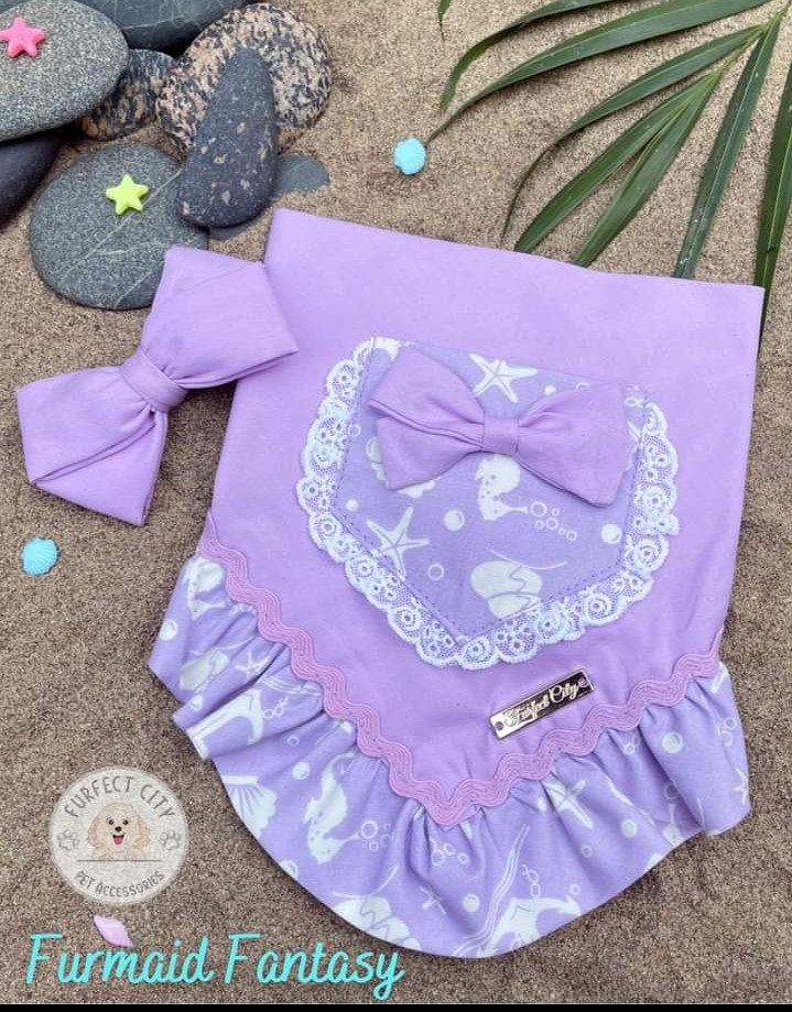 Furfect City - Bandana with Hair Bow (Purple Color with Seashell Print)